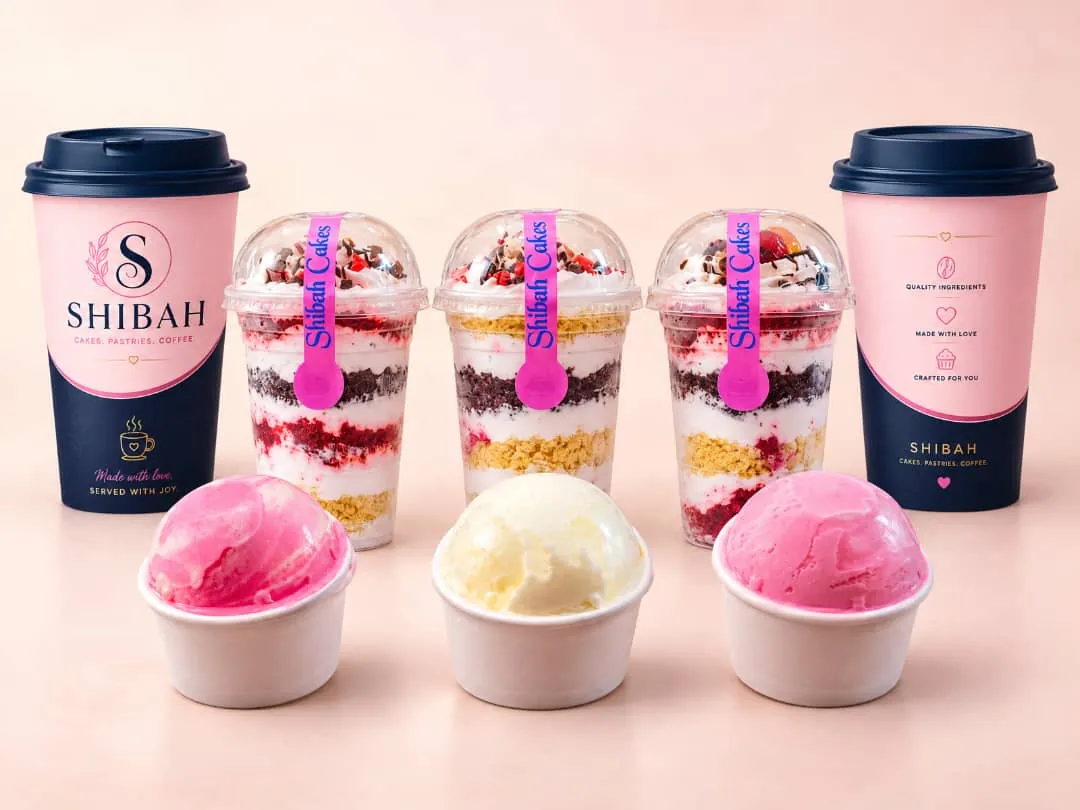 Shibah coffee cups, layered parfaits and gelato scoops
